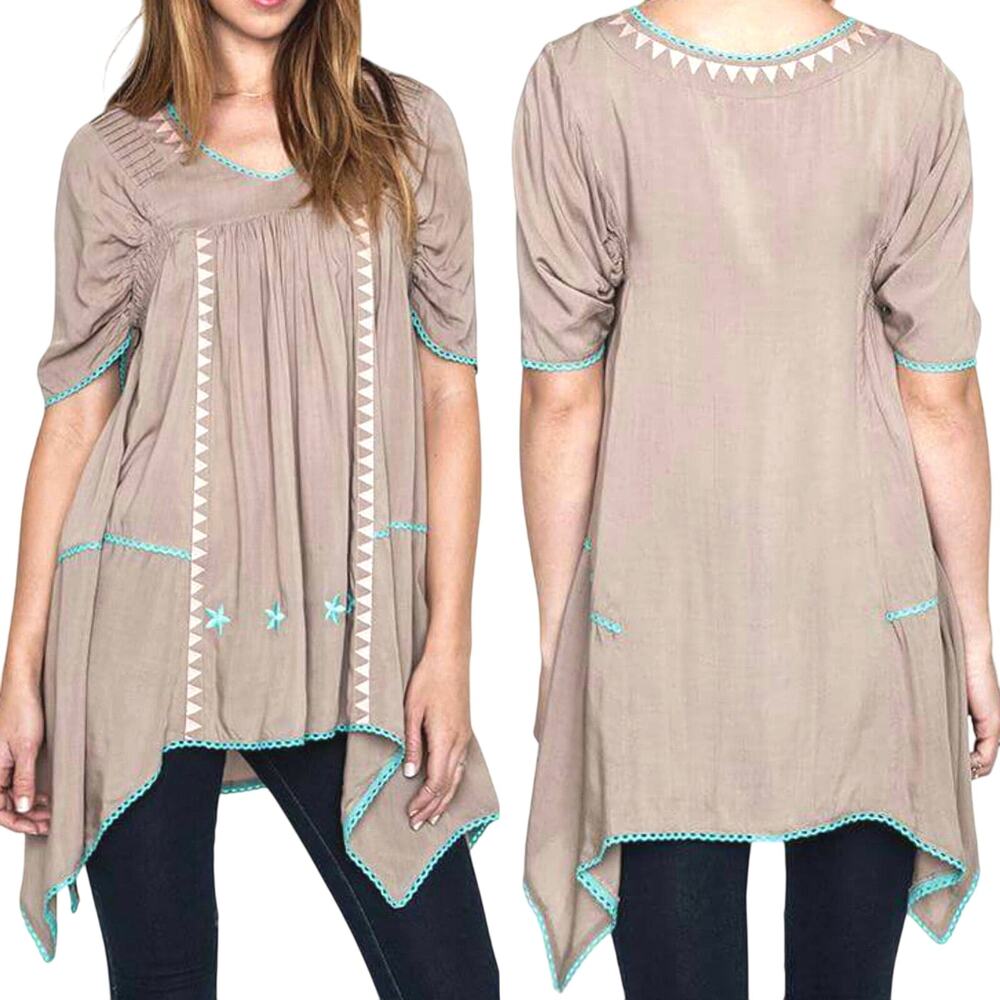 Umgee Top Size S Fairy Embroidered Asymmetrical Handkerchief Relaxed Women Tunic